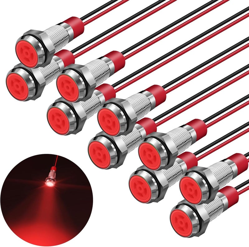 FICOLPO 10 قطع ضوء مؤشر معدني LED مقاوم للماء، 12-24 فولت 1/4 بوصة ثقب تركيب موصل مسبق الأسلاك لإشارة الطيار للسيارات والشاحنات والقوارب والبحرية ولوحة العدادات والكهرباء الصناعية (أحمر، 8 مم) - Image 1